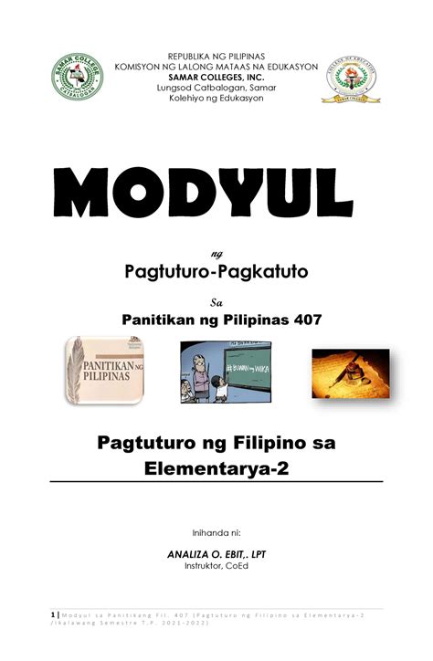 Prelim Modyul Sa Pagtuturo Ng Filipino Sa Elementarya 1 M O D Y U L
