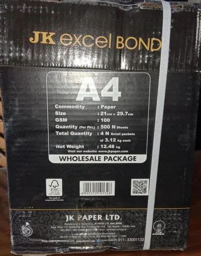 White Jk Excel Bond Paper A4 100 Gsm 500 Sheet Pack For Office At Rs