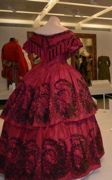 1860's vintage base ball at the haven hill festival. Ca.1860 red and black figured silk evening dress, back ...