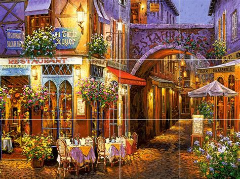 Romantic Italian Outdoor Restaurant Cafe At Night Ceramic Tile Mural