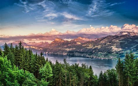 Download Wallpapers 4k Lake Zurich Sunset Beautiful Nature Swiss