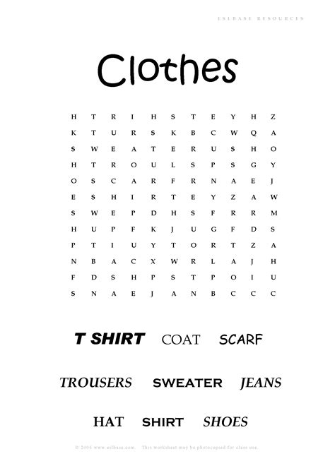 Clothes Wordsearch Clothes Word Search English Exercises