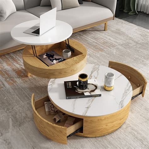 Modern Round Coffee Table With Storage Lift Top Wood Stone Coffee