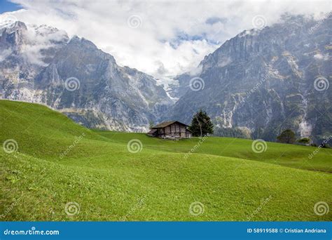 Mountain Peaks Streams And Meadows In Grindelwald Switzerland Stock