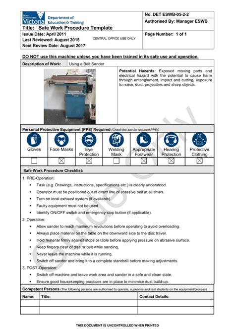 It is the responsibility of each. Safe Work Procedure Template