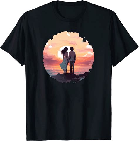 Sunset Embrace: A Cozy Tee with Two Figures Embracing the Twilight