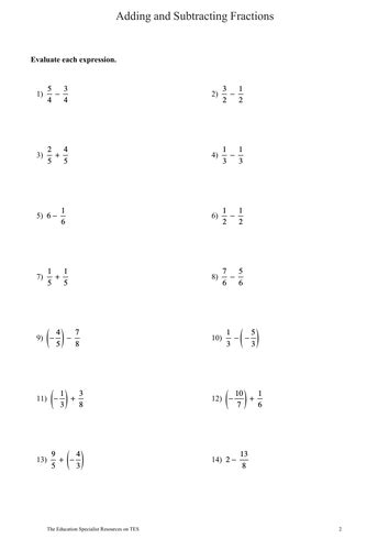 Gcse Maths Adding And Subtracting Fractions Worksheet Teaching Resources