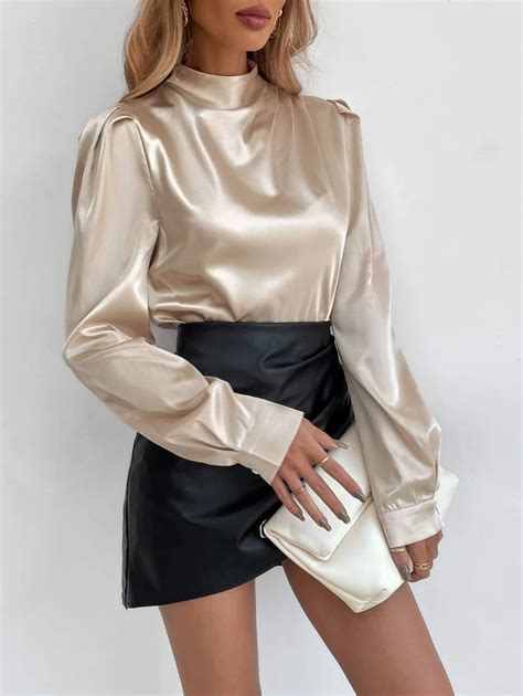 Satin Stand Neck Puff Sleeve Blouse Shein Blouse Casual Fashion Satin Blouse Outfit