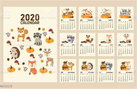Ilustración De Calendario 2020 Con Personajes De Woodland Animales