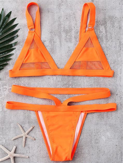 Off Zaful Mesh Panel Bandage Bikini In Orange Zaful