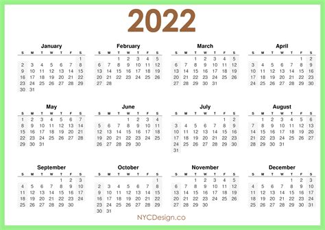 2022 Calendar Printable Free Horizontal Light Green Hd Sunday