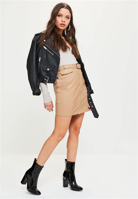 Lyst Missguided Nude Faux Leather Biker Detail Mini Skirt In Natural