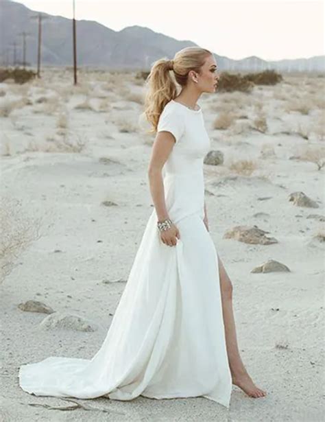 2017 elegant casual beach wedding dress short sleeve backless front split chiffon bridal gowns