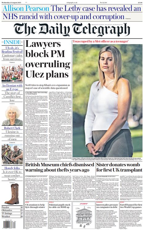 Daily Telegraph Front Page Rd Of August Tomorrow S Papers Today