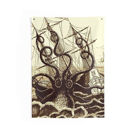 Kraken Attacks Ship Indoor Wall Tapestry Vintage Antique