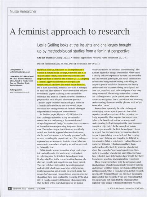 A Feminist Approach To Research Pdf Feminist Theory Feminism