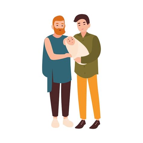 Premium Vector Joyful Gay Couple Standing Together And Holding Infant