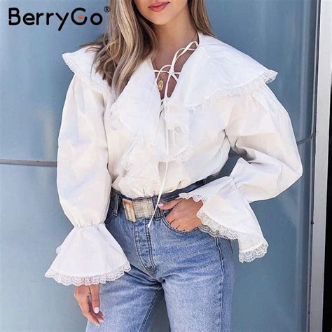 berrygo elegant v neck cotton women blouse shirt long sleeve ruffled lace up ladieds top shirt