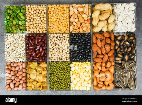 Box Of Different Whole Grains Beans And Legumes Seeds Lentils And Nuts