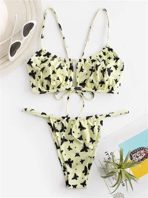 46 Off 2021 Zaful Ribbed Butterfly Print Keyhole High Leg Bikini