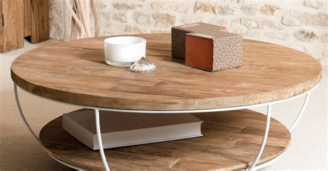 Table basse ronde teck recyclé structure filaire blanche 2 plateaux