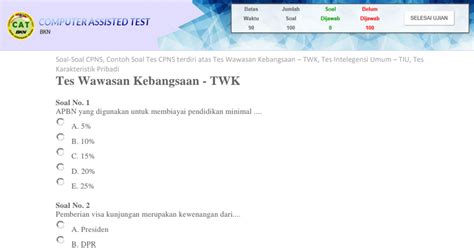 Berikut ini adalah 100 contoh soal tes wawasan kebangsaan beserta kunci jawabannya. 27+ Contoh Soal Tes Cpns Wawasan Kebangsaan - Contoh Soal ...