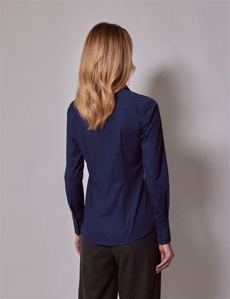 Women S Navy Fitted Cotton Stretch Shirt With Concealed Placket