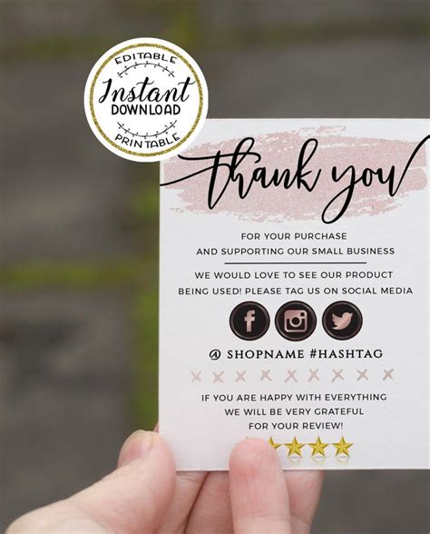 Rose Gold Thank You For Your Order Printable Insert Card Etsy