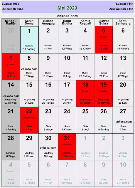 Kalender Jawa Mei 2023 Lengkap Hari Baik
