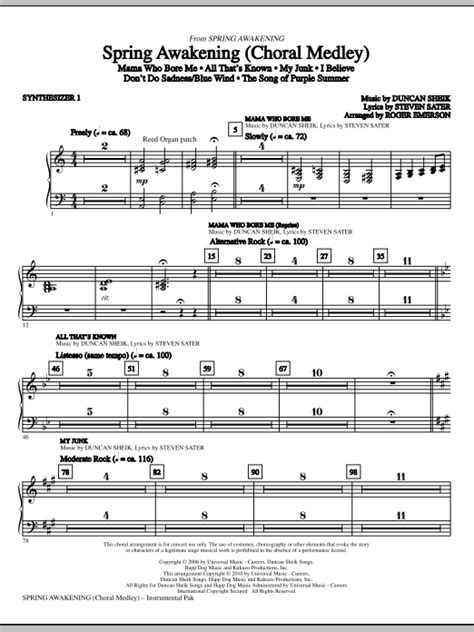 Spring Awakening Choral Medley Synthesizer I Sheet Music Roger