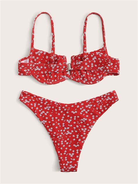 Ditsy Floral V Wired High Cut Bikini Swimsuit ROMWE