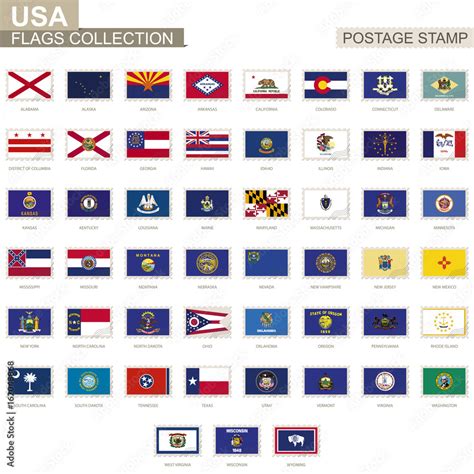 Postage Stamp With Usa State Flags Set Of 51 Us States Flag Stock