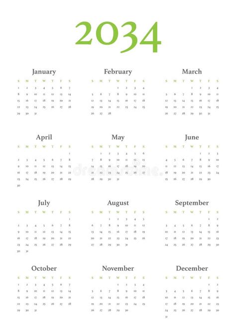 2034 Calendar With The Weeks Start On Monday Stock Vector