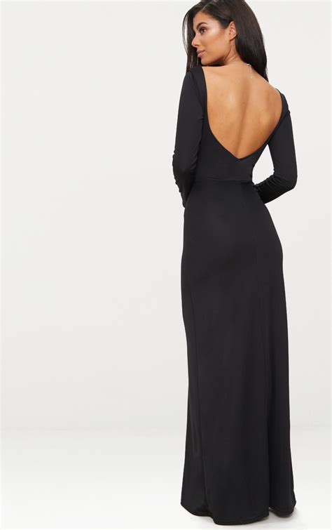 Black Backless Plunge Long Sleeve Maxi Dress Prettylittlething