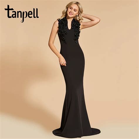 Tanpell Black V Neck Evening Dress Elegant Sleeveless Floor Length