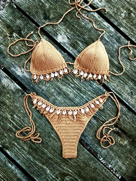 crochet bikini set tan bronze with natural seashells etsy