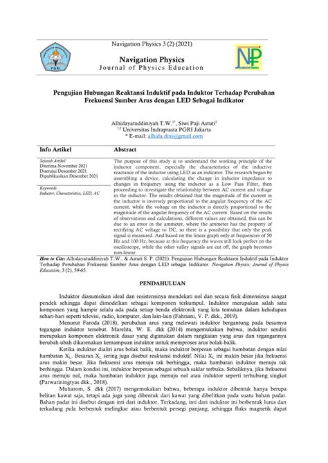 PDF Pengujian Hubungan Reaktansi Induktif Pada Induktor Terhadap