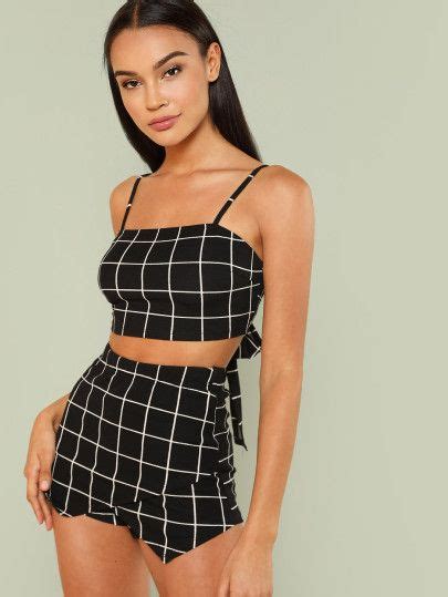 Grid Crop Cami Top And Overlap Front Shorts Set Monos Ropa Ropa