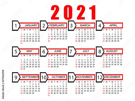 Modern Calendar For 2021 Year Vector Illustration For Monthly