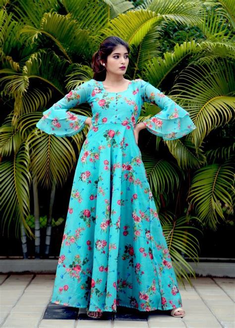 Magnolia Blue Floral Print Bell Sleeve Gown Maxi Floralgown