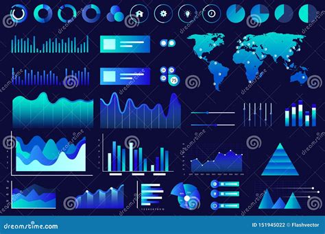 Data Screen Of Assorted Vector Graphs Charts Diagrams Blue Neon