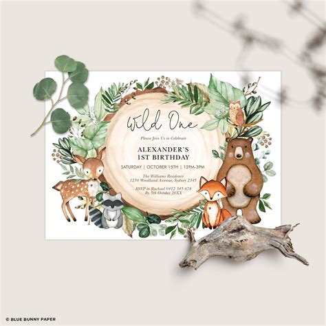 Paper And Party Supplies Editable Woodland Invitation Template Floral 1st