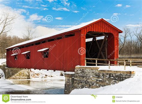 Red Covered Bridge With Snow Stock Image Image Of Clouds Building