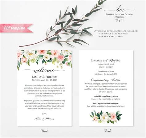 Printable Pink Ivory Green Floral Wedding Welcome Letter Itinerary