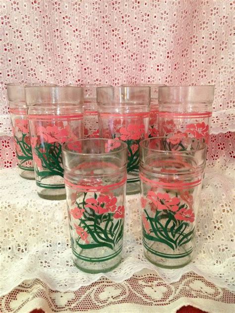 vintage libbey glasses set of 8 pink floral beverage tumblers etsy