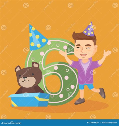 Caucasian Boy Celebrating Sixth Birthday Vector Illustration
