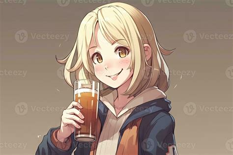 Smiling Blonde Anime Girl Holding A Glass Of Beer And Looking At You