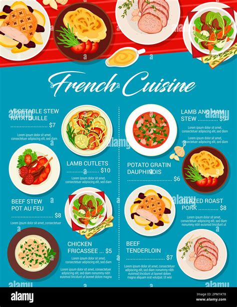 French Cuisine Food Menu Page Glazed Roast Pork Beef Tenderloin And Potato Gratin Dauphinois