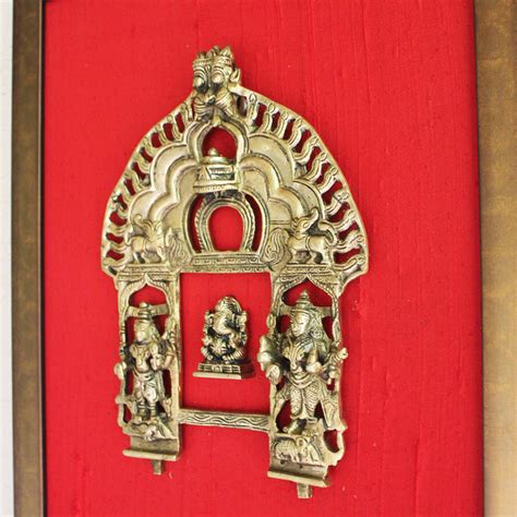 Magnificent Framed Brass Temple Prabhavali With Worshippers And Lord Gan