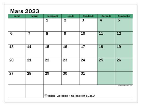 Calendrier Mars 2023 à Imprimer “503ld” Michel Zbinden Mc